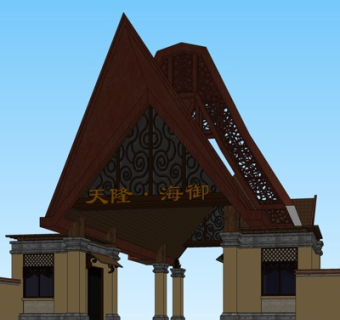 中式小区入户门su模型