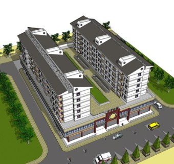 中式酒店外观su模型