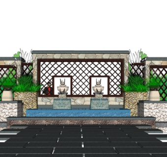 新中式景观水池su模型