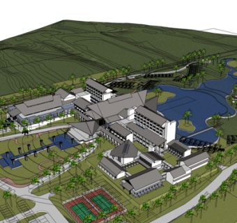 新中式度假村规划su模型