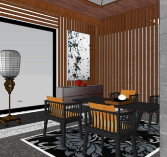 新中式茶桌椅su模型