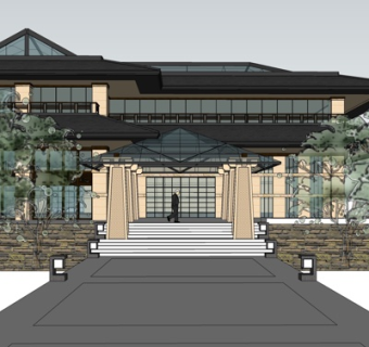 新中式商业会所外观su模型