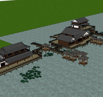 中式海景房su模型