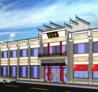 中式饭店外观su模型