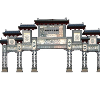 新中式牌坊大门su模型