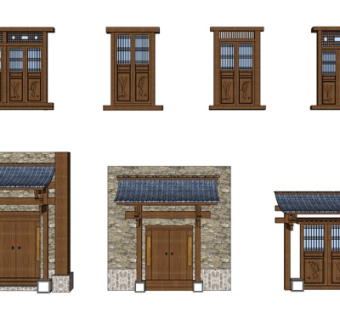 新中式大门构件组合su模型