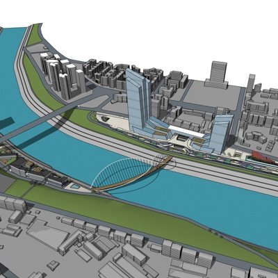 现代沿河建筑规划su模型