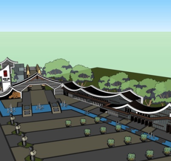 新中式古城大门构件su模型