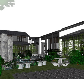 新中式院子景观小品su模型