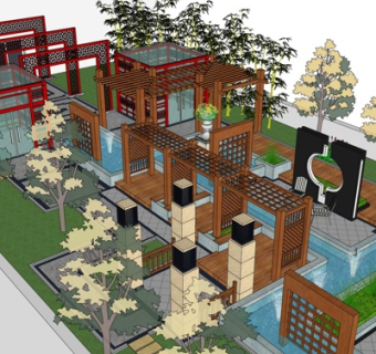 新中式公园廊架su模型