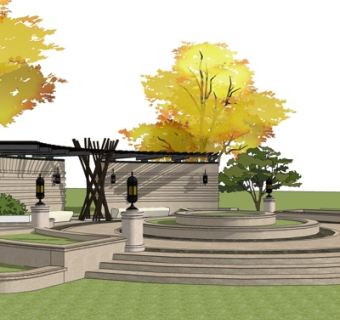 新中式景观墙su模型