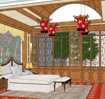 新中式卧室su模型