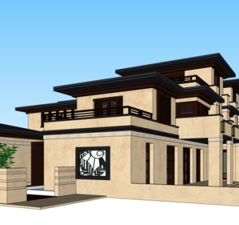 新中式连排民房su模型