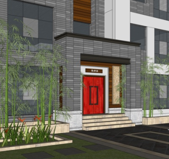 中式饭店外观su模型