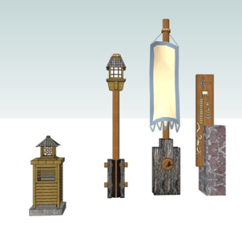 中式旗帜指示牌su模型