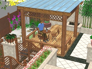 中式阳台花园su模型