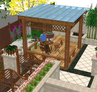 中式阳台花园su模型