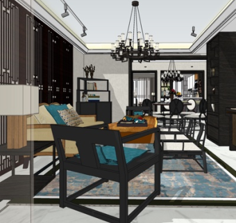 新中式客厅餐厅su模型