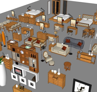 新中式家具沙发床组合su模型