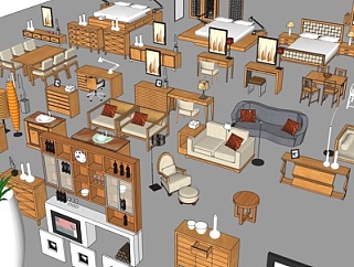 新中式家具沙发床组合su模型