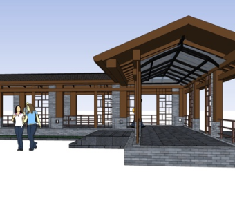 新中式长廊su模型