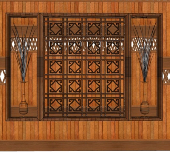 中式背景墙su模型