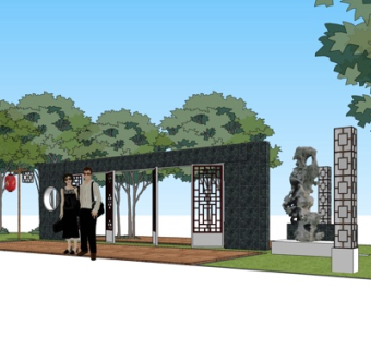 新中式景观墙su模型