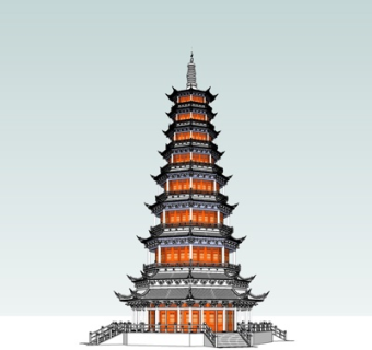 中式塔建筑su模型
