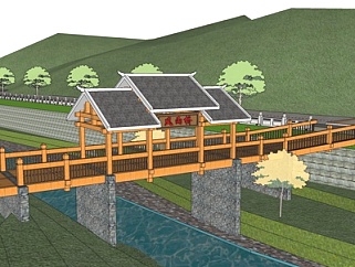 中式桥梁建筑小品su模型