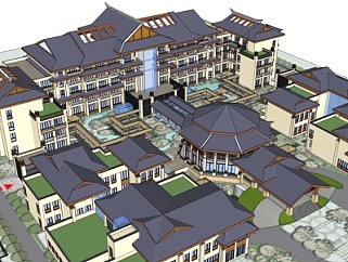 新中式花园酒店su模型
