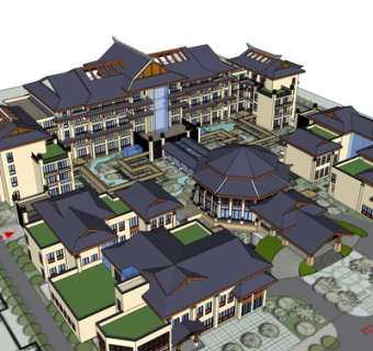 新中式花园酒店su模型