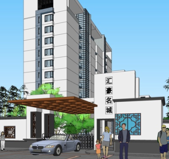 新中式小区大门su模型