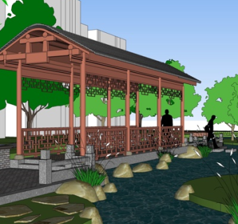 中式公园长廊su模型