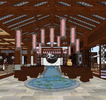 新中式酒店宴会厅su模型