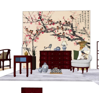 新中式单椅背景墙斗柜组合su模型