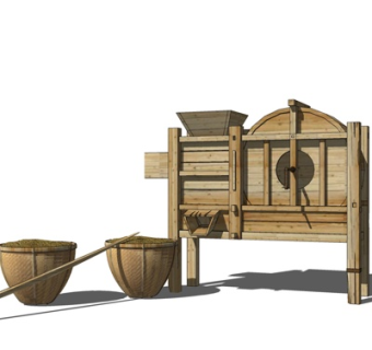 中式实木农具谷风车su模型