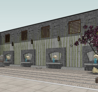 中式景观墙水晶小品su模型