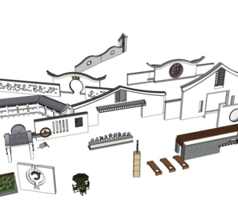 中式围墙su模型