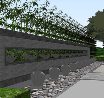 新中式景观墙su模型