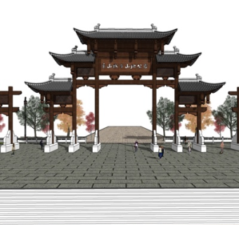中式牌坊大门su模型