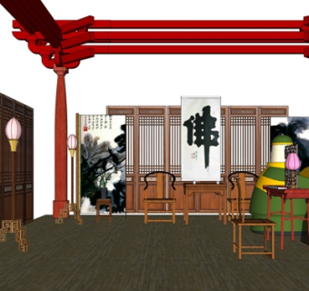 中式休闲桌椅su模型