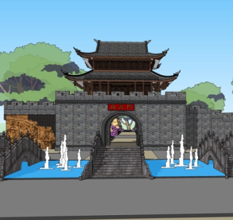 中式城楼su模型