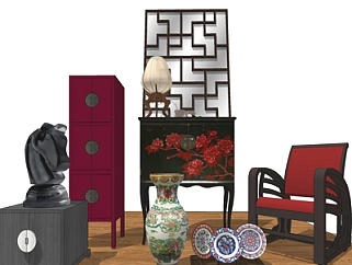 中式端景柜休闲椅su模型