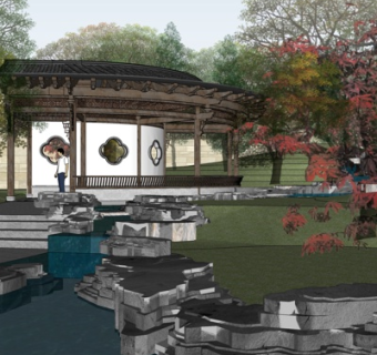 中式实木长廊su模型