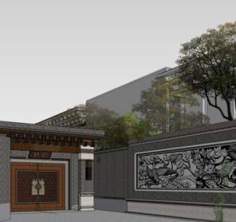 新中式景观墙su模型