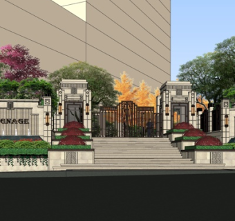 新古典小区大门su模型