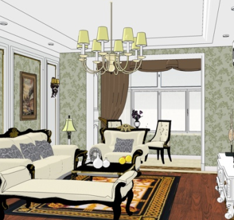 美式客厅su模型