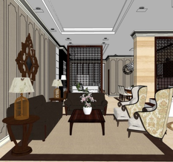 美式客厅su模型