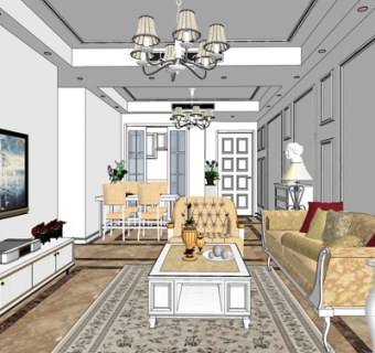 简欧客厅餐厅su模型