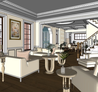 简欧客厅餐厅su模型